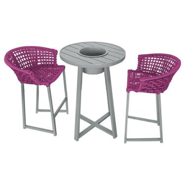 Imagem de Conjunto Bistrô Champanheira Cinza Tampo Ripado E 2 Banquetas Reis Corda Náutica Rosa