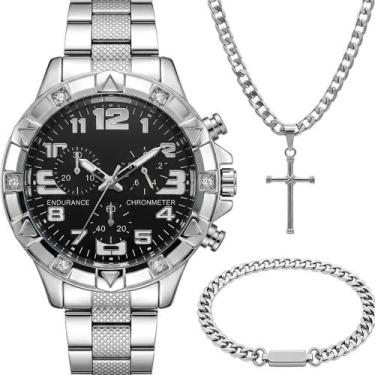 Imagem de Relogio Masculino Prata Aço + Pulseira + Crucifixo Cordão presente cas