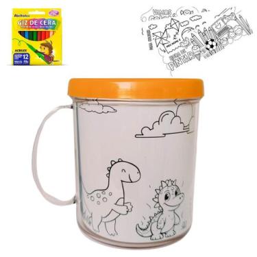 Imagem de Kit Colorir Caneca Acrílica 350ml+ 12 giz de cera+ 4 desenho - LARANJA