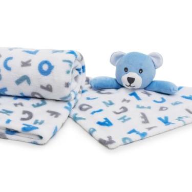 Imagem de Kit manta com naninha infantil bebê azul urso - loani