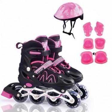 Imagem de Patins Infantil Ajustável Roller Kit Proteção Completo - ATENTU, Rosa,