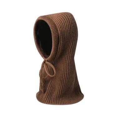 Imagem de Gorro Feminino De Tricô Grosso E Quente Com Capuz Balaclava, Gola Fals