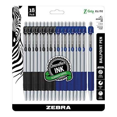 Imagem de Zebra Caneta esferográfica retrátil Z-Grip Elite, barril de metal, ponta média, 1,0 mm, tinta preta/azul, 27678, 18 unidades, pacote com 1