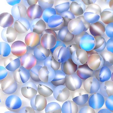 Imagem de Contas de vidro de cristal aurora fosca 100 peças 6 mm fosco aura mística sereia contas de vidro brilhante flash redondas pedras da lua para pulseira, colar, joias, artesanato DIY (azul)