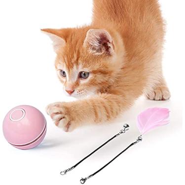 Imagem de Bola de brinquedo para gatos com luz de LED e penas, brinquedo de penas de sino, brinquedos inteligentes para animais de estimação, rotação automática, brinquedo inteligente para gato, recarregável por USB, rolo de caça divertido (rosa)