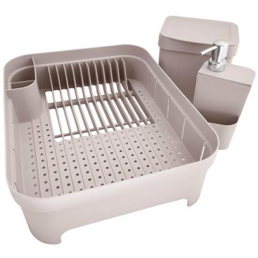 Imagem de Kit Pia Cozinha Escorredor Pratos Lixeira 2,5L Porta Detergente Bege