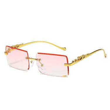 Imagem de Óculos de sol femininos retangulares sem aro vintage tons de designer de moda de luxo moldura de leopardo dourado óculos de sol UV400, rosa dourado, A