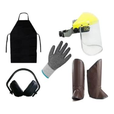 Imagem de Kit Proteção Roçadeira Jardineiro (Avental Pvc preto, corrugada, perneira, abafador de ruído, protetor facial)