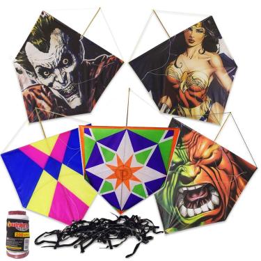 Imagem de Pipas kit pipeiro 10 pipas de 45 cm + 10 Rabiolas + Linha