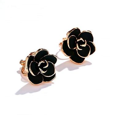 Imagem de NewZenro Brincos falsos de flor rosa preta, vintage, banhado a ouro rosa, para mulheres, meninas, sem piercings, moda, elegante, vintage, joias de casamento, presentes para aniversário,