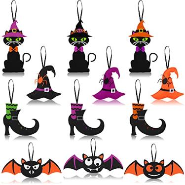 Imagem de 12 peças de ornamentos de feltro de Halloween para pendurar chapéu de bruxa decoração de pendurar com morcego colorido e gato preto ornamentos de feltro Feliz Halloween para decoração de festa de Halloween