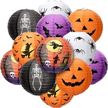 Imagem de 8 peças de lanternas de papel de Halloween, lanternas de Halloween, lanterna decorativa de abóbora e morcego de aranha para decoração de festa de Halloween, 20 cm