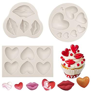 Imagem de Moldes de silicone para fondant e chocolate da muyulin em forma de coração e lábios, vermelho e rosa, para decoração de bolo, cupcakes e doces