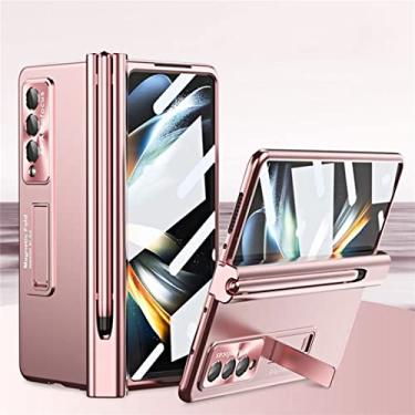 Imagem de FIRSTPELLA Capa fosca galvanizada de placa completa com suporte para caneta S, protetor de tela de vidro, suporte, dobradiça magnética, capa de telefone para Samsung Z Fold 4, rosa