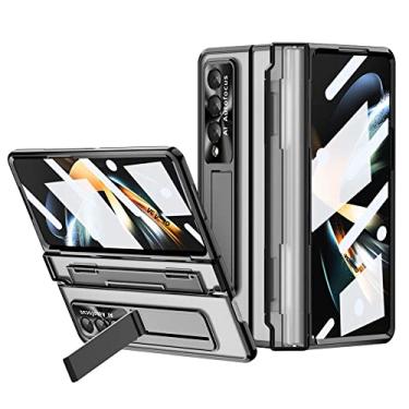 Imagem de Para Galaxy Z Fold 4 HD Clear Plating Stand para Samsung Galaxy Z Fold 4 3 Leveling Hinge Case com película de vidro frontal, preto, para Galaxy Z Fold 3