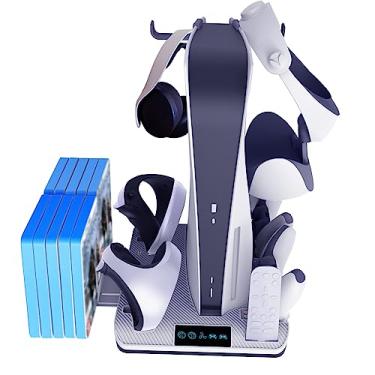 Imagem de Suporte de resfriamento PS5, estação de carregamento de controlador duplo PS5/PS VR2 com capacete VR2, rack de armazenamento de fone de ouvido, armazenamento de cartão de jogo.