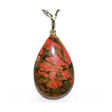 Imagem de Colar Gota Pedra Unakita Natural Prata 950 Pino e Perinha