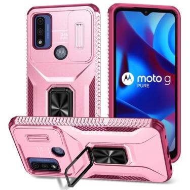Imagem de Capa resistente compatível com Motorola G Pure/Moto G Play (2023)/Moto G Power (2022) capa com capa de câmera deslizante, suporte de anel de metal, capa protetora à prova de choque de grau militar (cor: rosa + vermelho