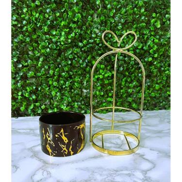 Imagem de Vaso de Ceramica Tripé Laço em Metal Dourado 20x9,5cm Flores Plantas