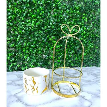 Imagem de Vaso de Ceramica Tripé Laço em Metal Dourado 20x9,5cm Flores Plantas