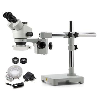 Imagem de Swift Microscópio de zoom estéreo trinocular profissional, lentes WF10X, ampliação de 3,5 x 90x, objetiva de zoom de 0,7 x 4,5 x, anel de luz LED de 144 lâmpadas, suporte de braço único, lentes Barlow