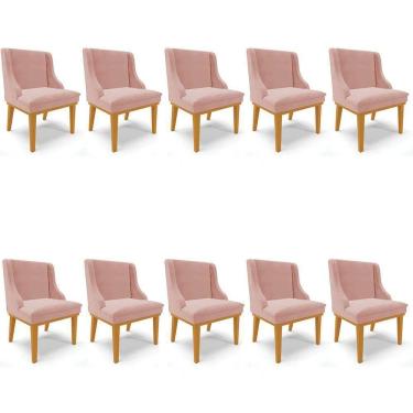 Imagem de Kit 10 Cadeiras Estofadas Para Sala De Jantar Base Fixa De Madeira Castanho Lia Veludo Rosê