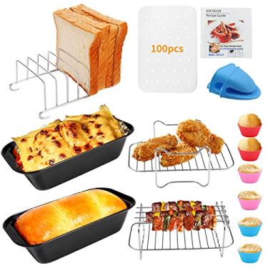 Imagem de Acessórios para fritadeira de ar com cesta dupla, conjunto de 15 peças para fritadeiras de ar Ninja DZ401 DZ201 Foodi Dualzone com 100 forros para fritadeira, 2 formas antiaderentes, suporte para pão