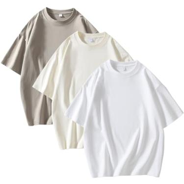 Imagem de ATOFY Pacote com 3 camisetas masculinas de algodão gola redonda, manga curta, caimento solto, clássica, lisa, macia, Cáqui + branco leite + branco, G