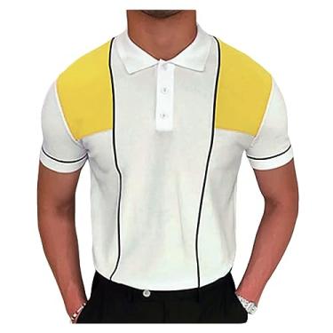 Imagem de Camisa polo masculina de cor contrastante com botão LAPE Suéter de malha umidade manga curta piquê absorvente, Amarelo, XXG
