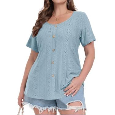 Imagem de MONNURO Blusas femininas plus size estilo túnica de verão com ilhós, manga curta, decoração de botões, blusas soltas casuais, W - azul, 5X