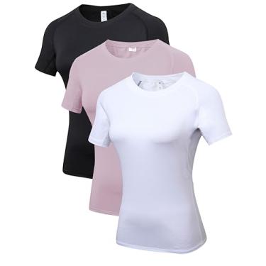 Imagem de Camiseta feminina fitness casual atlética corrida treino ioga secagem rápida pacote com 3, Pacote com 3 - preto, rosa, branco, GG