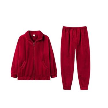 Imagem de LUBOSE Pijama longo feminino, conjunto de pijama grosso de flanela, pijama de duas peças, conjunto de pijama casual de manga comprida (2GG, vermelho)
