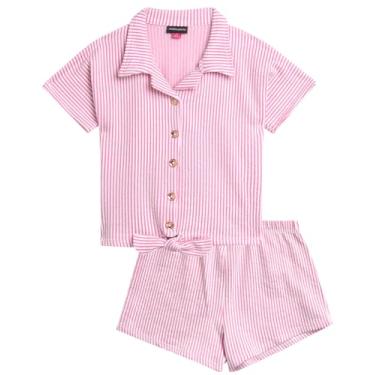 Imagem de Vince Camuto Conjunto de shorts para meninas - 2 peças de camisa de botão Seersucker de malha e shorts - Lindo traje de verão para meninas (7-12), Listras rosa claro, 7
