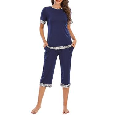 Imagem de Conjunto de pijamas para mulheres Crew Neck Sleepwear manga curta tops e sete conjuntos de calças com bolsos,Navy blue,XL