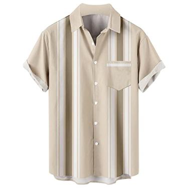 Imagem de Camisetas masculinas de boliche de manga curta com botões havaianas estampadas estilo rockabilly verão Cuba Beach Shirts, Bege, M