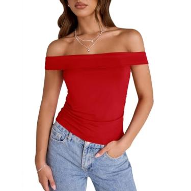 Imagem de LUYAA Camiseta feminina com ombros de fora e manga curta, caimento justo, franzida, roupas modernas Y2K, Vermelho, P