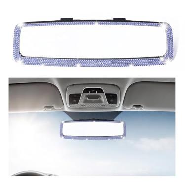 Imagem de Kewucn Espelho retrovisor de carro brilhante, espelho retrovisor de vidro HD com diamante de cristal, espelho retrovisor de strass, acessórios de decoração de interiores de carro universal para mulheres e adolescentes (azul brilhante)
