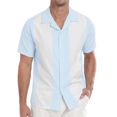 Imagem de Askdeer Camisas masculinas de linho vintage camisa de boliche manga curta Cuba Beach camisas verão casual camisa de botão, A01 Azul celeste branco, G