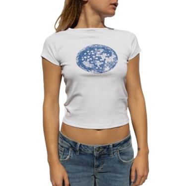 Imagem de Camisetas estampadas de bebê para mulheres adolescentes Y2k estampa floral vintage anos 90 camisetas grunge camisetas de verão, Branco terra, M