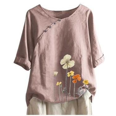 Imagem de Lainuyoah Blusa feminina de verão 2024 plus size de linho solta, gola redonda, manga curta, mistura de algodão, camiseta com estampa floral, A - rosa, M