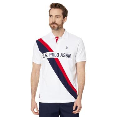 Imagem de U.S. Polo Assn. Camisa polo masculina de manga curta piqué com estampa diagonal, Branco, P