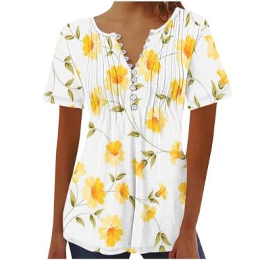 Imagem de MaMiDay Camisetas de verão de manga curta para mulheres, blusas casuais modernas com estampa floral, gola V, caimento solto, túnica, A01# Multicolorido, XXG