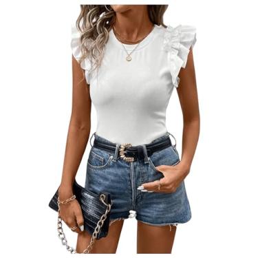 Imagem de BEAUDRM Camiseta feminina de malha canelada gola redonda manga cavada acabamento slim fit, Branco, G