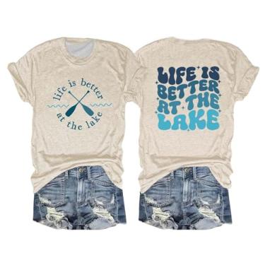 Imagem de Life is Better at The Lake Camisetas femininas com estampa de letras fofas de manga curta gola redonda camisetas casuais de verão túnicas soltas, Bege, XXG