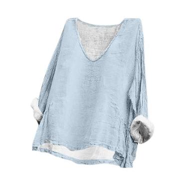 Imagem de Camisetas femininas plus size gola V manga comprida linho cor sólida para sair 2024 verão casual blusas elegantes túnicas, Azul claro, G