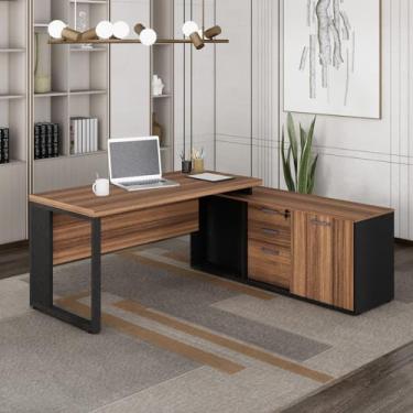 Imagem de Mesa para Escritório em L Dinâmica com Armário Lateral Pé Quadro Marrom/Preto