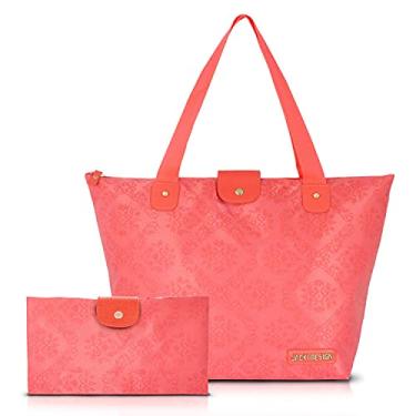 Imagem de BOLSA SHOPPER COM ALÇA GRANDE DOBRÁVEL COMPACTA ESTAMPA DAMASCO JACKI DESIGN SALMÃO