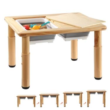 Imagem de FUNLIO Mesa sensorial de madeira com 2 compartimentos para crianças de 1 a 5 anos, mesa de atividade infantil ajustável de 4 níveis com tampa de compensado antideformação, mesa de areia e água para