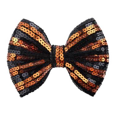 Imagem de Lanmerry Clipes de Halloween para bebês meninas, jacaré, laços, meninas, brilhantes, glitter, presilhas para bebês, laços de torcida, laço de cabelo para crianças, listra preta