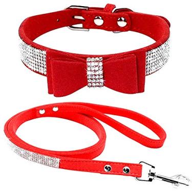 Imagem de Haoyueer Conjunto de coleira de cachorro com strass de couro de camurça macia elegante deslumbrante fofo deslumbrante com elegante joia de cristal para gato cachorro coleira de cachorro (P, vermelho-1)